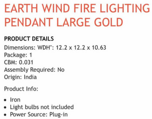 Earth Wind Fire Lighting Pendant Large Gold